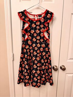 paper doll Black Dress with Red Floral Print and Red Trim